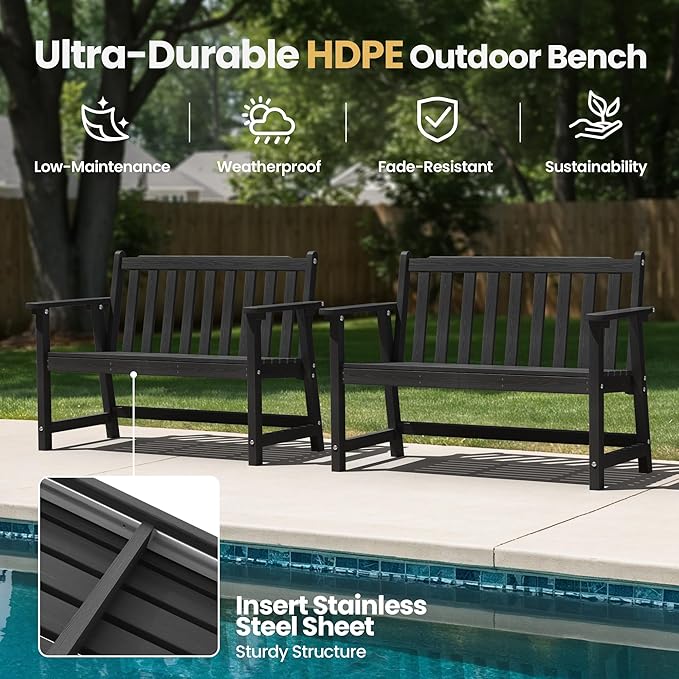 Ciokea 48" Outdoor Bench, HDPE Weatherproof Porch Bench, 2-Person Garden Benches with 550 Lbs, Waterproof Patio Benches for Outside Balcony Deck Backyard, Black