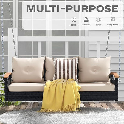 DWVO 3 Seats Porch Swing Hanging Bench Swing Outdoor Wicker Patio Swing Lounge Front Rattan for Garden, Balcony, Black&Beige