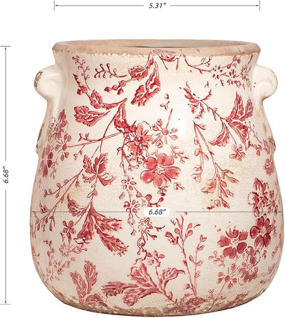 Antique Ceramic Planter & Vase for Home Decor, 6.68 Inch Rustic Farmhouse Flower Pot with Drainage Hole for Indoor Plants, Vintage Decoration for Bookshelf & Tabletop, Unique Gifts for Women (Red)