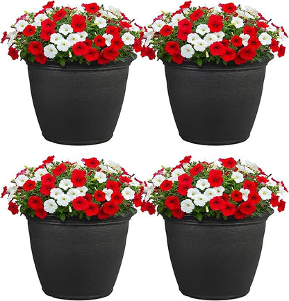 Sunnydaze 20-Inch Anjelica Large Plastic Pot for Plants - Outdoor Double-Walled Large Plastic Planter with Drillable Drainage Holes - Matte Black - 4pk