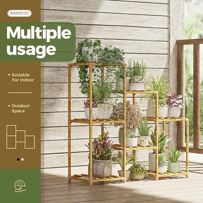 Bamworld Bamboo Plant Stand Indoor Boho Plant Shelf Tiered Plant Rack for Multiple Plants 3 Tiers 7 Pots Ladder Plant Holder Plant Table for Plant Pots Home Decor for Gardening Gifts Nature Color