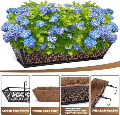 24 Inch Window Box Planters Outdoor,Deck Railing Planter Boxes with Coco Liner,Metal Hanging Window Flower Boxes for Balcony Fence Porch Garden Railing