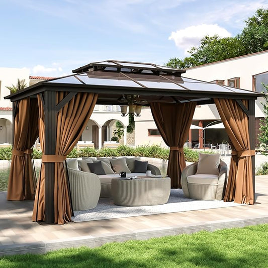 Aoxun 10'x14' Hardtop Gazebo, Aluminum Frame Permanent Pavilion with Curtains and Netting, Outdoor Polycarbonate Double Roof Canopy, for Patio, Garden, Lawn, Brown