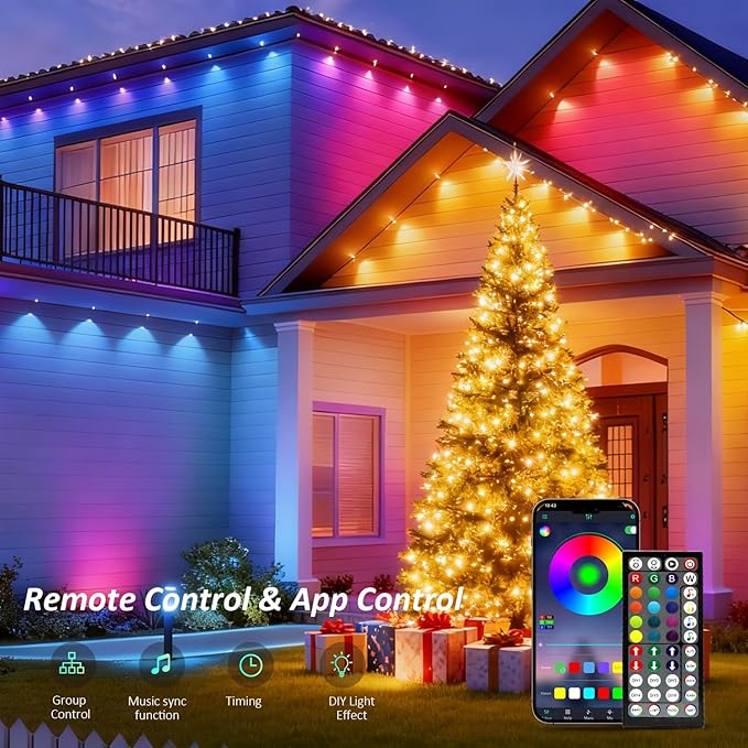 RGB Permanent Outdoor Lights, 50FT LED Eaves Lights with Smart App Remote Control, IP67 Waterproof, Music Sync, Timing Function for Christmas, Party, All Holiday Decorations
