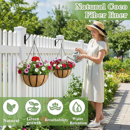 Black Flat Iron Metal Hanging Planter Basket with Coco Coir Liner(2 Pack, 12 Inch) Hanging Planters for Outdoor Plants Round Plant Flower Pots Hanging Flower Basket for Outdoor Patio Garden Decoration