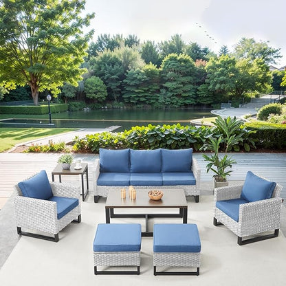 Belord 7 Piece Outdoor Furniture Patio Wicker Sofa Set, Oversize Outdoor Dining Chairs with Rattan Ottomans, Conversation Sets Patio Furniture Come with Removable Washable