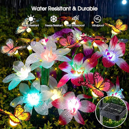 Garpar Solar Lily Lights with Swaying Butterflies, Upgraded Garden Solar Lights Outdoor Decorative, Waterproof Color Changing Garden Decor for Outside Yard Lawn Pathway Gift for Mom Women Grandma