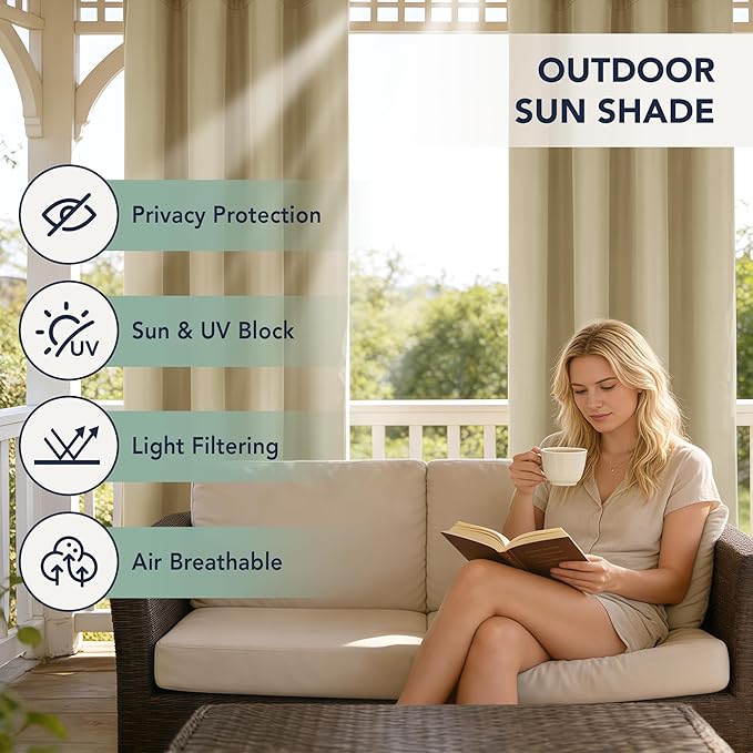 Extra Wide Outdoor Curtains Waterproof for Patio - 6 Panels Privacy Weatherproof Outside Curtains with Grommets for Gazebo, Pergola, Porch, Cabana, Balcony, 110 x 108 Inch, Cream