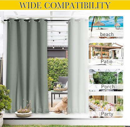 NICETOWN 2 Panels Outdoor Curtains for Patio Waterproof & Windproof, Extra Wide Grommet & Back Tab on Top & Bottom Thermal Insulated Sun Blocking Drapes with Rope for Gazebo, Sage Green, W100 x L84