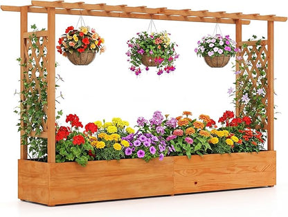 Giantex Raised Garden Bed with Trellis & Hanging Roof, Wood Planter Box with Bottom and Drainage Holes, Freestanding Garden Planter for Flower Vegetable Fruit Herb Climbing Vines (79" x 17.5" x 45")