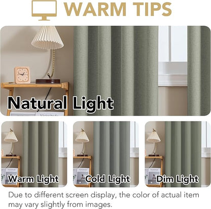 H.VERSAILTEX Linen Curtains 100% Blackout Curtains for Bedroom 102 inch Long Full Light Blocking Nature Linen Blended Window Curtains for Living Room Nickel Grommet (2 Panels, Heathered Dried Sage)