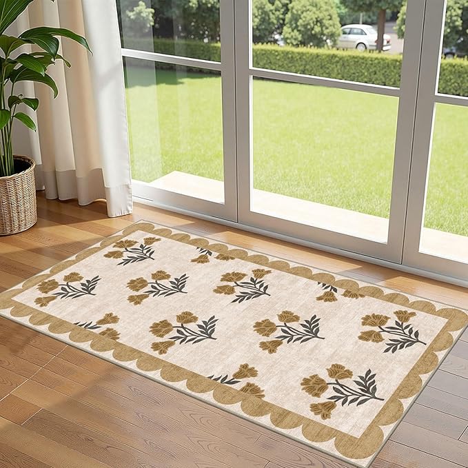 Outdoor Rugs, Beige Floral Scalloped Edge Entryway Mat, 2 x 4.3 ft