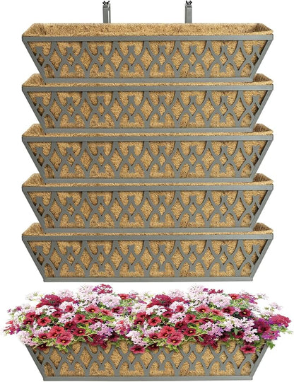 6 Pack 24 Inch Window Boxes Planters Railing Planter Box with Adjustable Brackets for Porch Fence Patio Balcony Hanging Flower Baskets with Coco Liners for Outdoor Garden Decor - Dark Grey