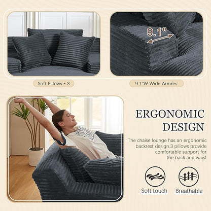 80 Inch Chaise Lounge Chair Indoor, Oversized Corduroy Upholstered Boneless Sofa Bed, Deep Seat Sleeper Couch Reading Chairs, Cloud Sofas Couches for Living Room, No Assembly Required (Dark Grey)