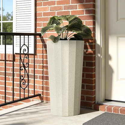 23.6" Tall Outdoor Planters Set of 2, Large Planters for Outdoor Plants for Porch Decor with Drainage Hole, Wide Stripe Design Porch Flower Pots for Indoor Pot Patio/Garden, Off White