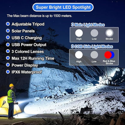 Rechargeable Spotlight Flashlight, Peascat 3,000,000L Lumens LED Handheld Spot Light, 6 Modes, 3 Colored Lenses, Solar & USB-C Charging, Tripod, IPX6 Waterproof for Fishing, Camping, Outdoor Emergency