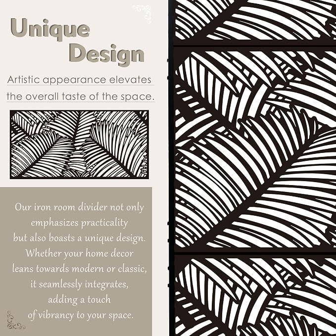 Decorative Fence Privacy Screen, 3-Panel Metal, Black Palm Leaf