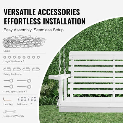 VEVOR Wooden Porch Swing 5.5FT with 2 Side Cup Holders, Heavy Duty 880lbs Patio Swing, Outdoor Swing Hanging Chair, Bench Swing with Adjustable Chains for Front Porch, Yard, Balcony, Garden, White