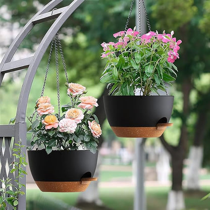 Set of 3-10 Inch Self Watering Hanging Planters for Indoor Outdoor，Hanging Plant Pots with Drainage & Removable Tray, Hanging Pots Holder for Ivy, Pothos, Ferns, Balcony & Patio, Black with Brown