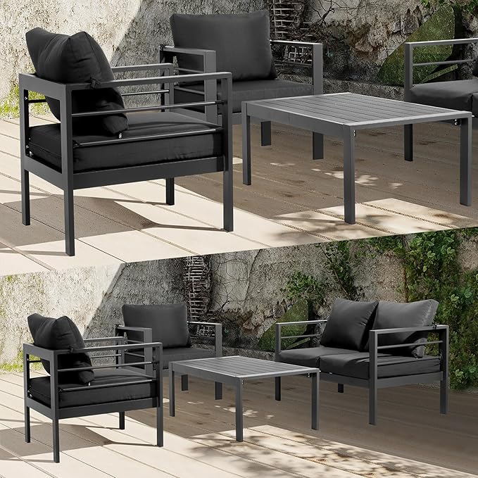 VINGLI 2-Piece Outdoor Patio Furniture Aluminum Love-seat and Coffee Table Set, Modern Patio Sofa Set (Gray)