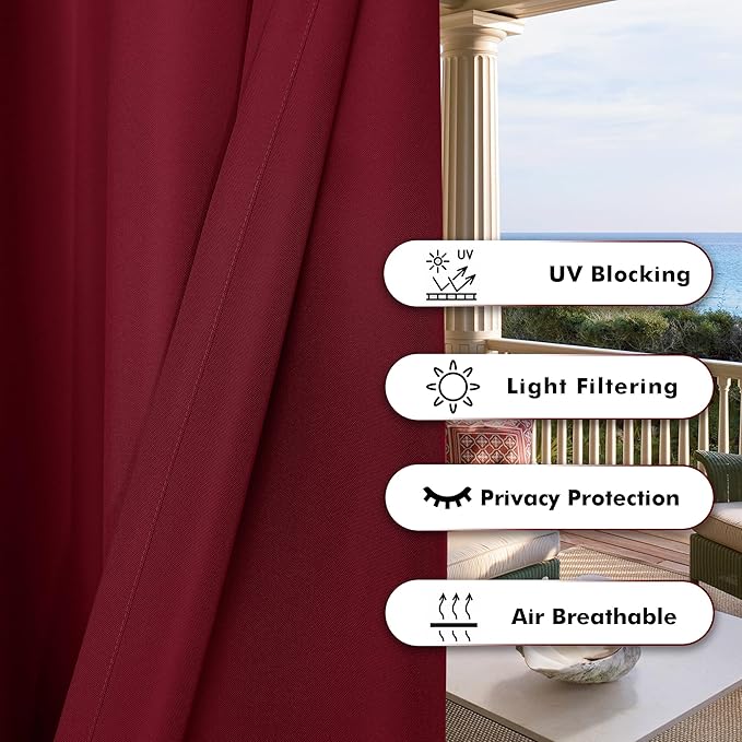 BONZER Waterproof Outdoor Curtains for Patio Porch Pergola Cabana Light Filtering Privacy Grommet Indoor Curtain Panels for Bedroom Living Room, 1 Panel, 54W x 120L inch, Red