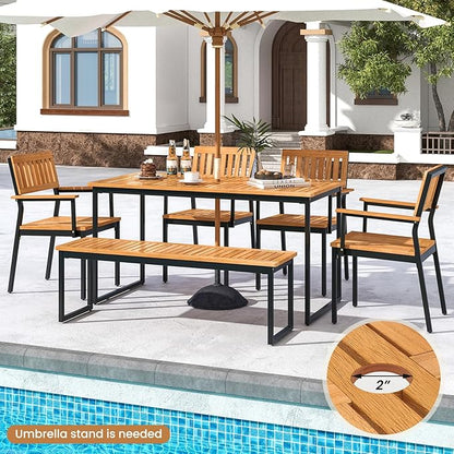 Tangkula 6 Pieces Outdoor Acacia Wood Dining Set, Patio Table and Chairs Set with Bench for 6-7 People, Outdoor Dining Furniture Set with 2" Umbrella Hole for Garden, Backyard and Poolside