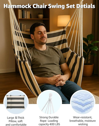 Hammock Chair Swing 2 Cushions Included - Hanging Rope Swing Max 400 Lbs Sturdy Soft Cotton Indoor for Bedroom Swing Chair Outdoor Patio Bedroom Porch Deck Black White