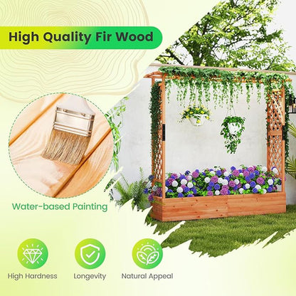 Giantex Set of 2 Raised Garden Bed with Trellis & Hanging Roof, Wood Planter Box with Bottom and Drainage Holes, Freestanding Garden Planter for Flower Vegetable Fruit Herb Climbing Vines, 77"x17"x72"