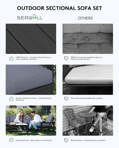 SERWALL Outdoor Sectional Sofa Set, 5-piece Outdoor Modula Couch Set with Ottoman, All Weather Patio Furniture Set with Chaise for Deck, Lawn, Black Frame with Gray Cushion