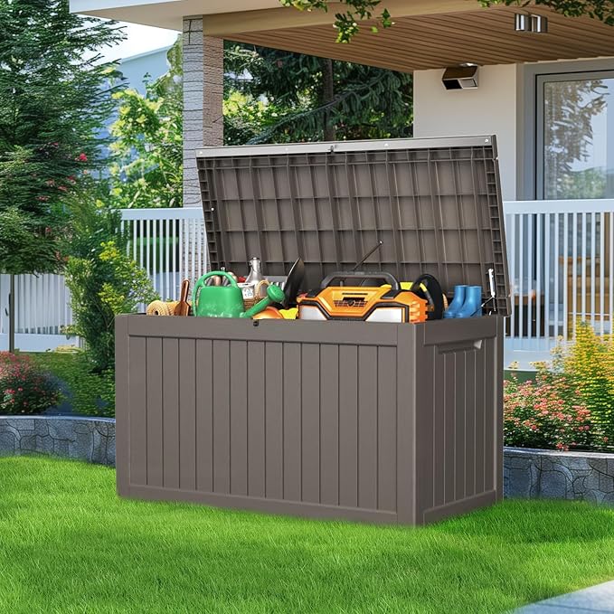 Grey Resin Deck Box, 280 Gallon Lockable Outdoor Storage
