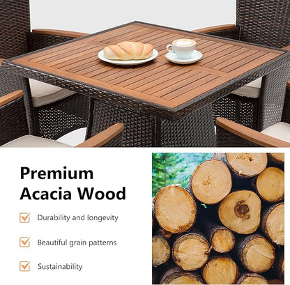 RoyalCraft 5 Piece Patio Wicker Dining Sets for 4, Water-Resistant Rattan Outdoor Dining Table and 4 Chairs with Wood Table Top, Conversation Set for Deck, Garden, Backyard, Removable Cushions, Brown