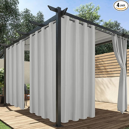 HolidayIdeas Outdoor Curtains for Patio Waterproof, 4 Panels - 54 x 120 Inch - Privacy Protection & Light Filtering Curtains Silver Grommet Outside Curtains for Porch, Gazebo, Pergola, Backyard