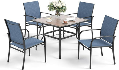 5 Piece Patio Dining Set for 4, 37”x37” Square Table (PVC Wood-Like Table Top) with 1.57" Umbrella Hole, 4 Metal Blue Chairs, Outdoor Table and Chairs Set for Lawn Backyard and Deck