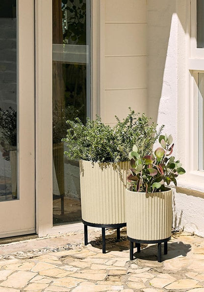 Veradek Demi Series Round Planter w/Stand for Porch/Patio | Durable Plastic-Stone Composite & Wooden Stand | Modern Décor for Tall Plants, Flowers