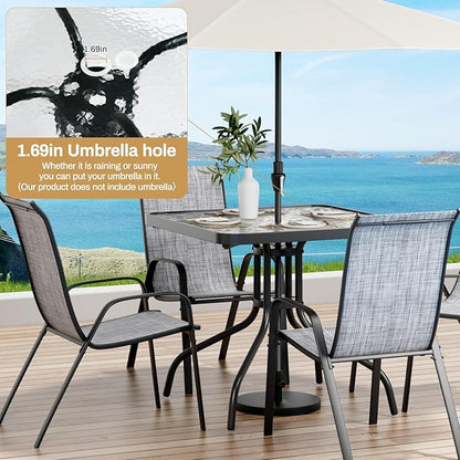 Arlopu 5 Piece Outdoor Patio Dining Set (Umbrella not Included), Porch Furniture with 4 Textline Chairs, 1 Square Glass Table for Garden, Backyard and Poolside, Lawn (Grey)
