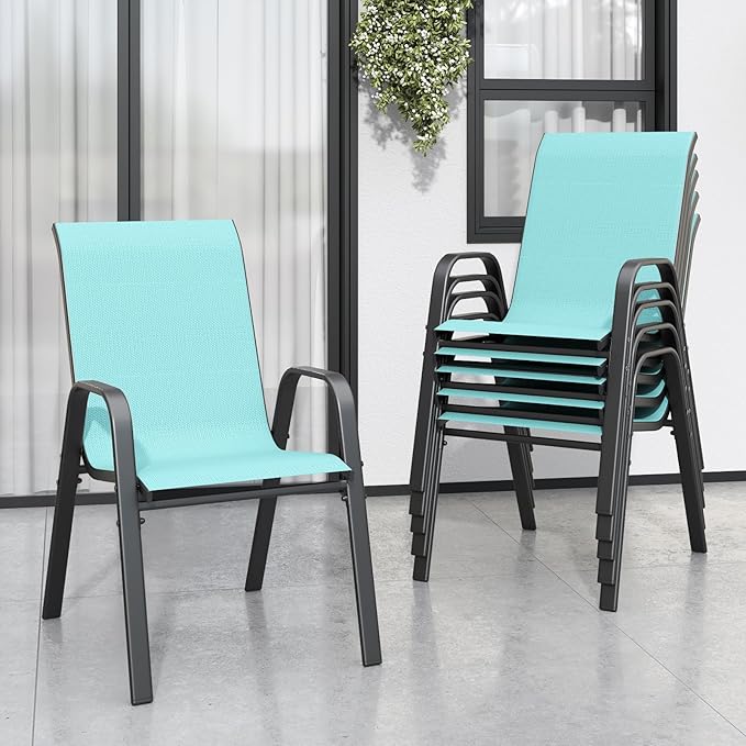 Patio Dining Chairs Set of 6, Stackable Light Blue Mesh