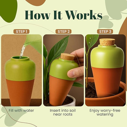 Terracotta Self Watering Planter Insert - Set of 4 Clay Ollas with Slim Bottom for Easy Soil Insertion, Glazed Top, Slow-Release Plant Watering System for Indoor & Outdoor Plants