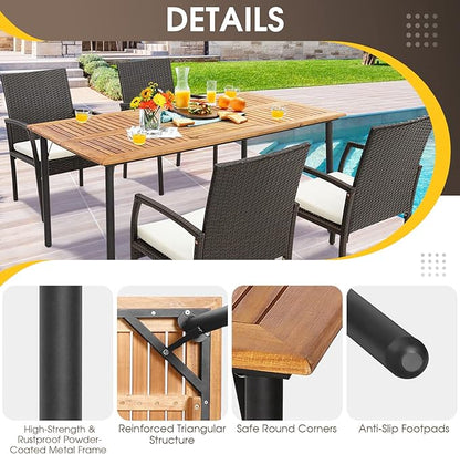 Tangkula 63" Acacia Wood Patio Dining Table for 6, Rectangular 6-Person Outdoor Dining Table with Metal Legs & Umbrella Hole, Indoor Outdoor Dining Furniture for Deck, Garden, Poolside & Backyard