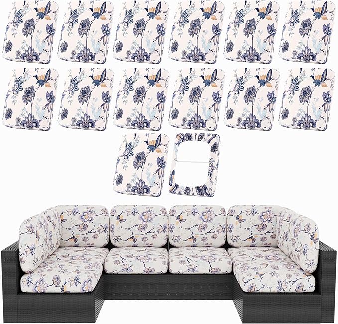 Stretch Patio Cushion Covers, 14 Pieces, Vintage Flower Print