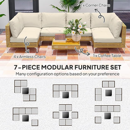 Outsunny 7 Piece Wicker Patio Furniture Set, Modular Outdoor Sectional with Thickened Cushions, Rattan Outdoor Furniture Conversation Set with Slatted Acacia Wood Table for Backyard, Khaki/Beige