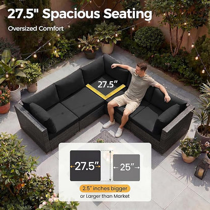 NICESOUL 7 Piece Outdoor Patio Sectional Furniture Set with Firepit Natural Gas/Propane, 29.3'' High-Back Comfy Conversations for Outside, Oversized Wide Wicker Couches, 2 Color Cushion Black & Gray