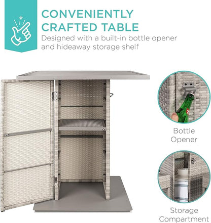 Best Choice Products 5-Piece Outdoor Wicker Bar Table Set for Patio, Poolside, Backyard w/Built-in Bottle Opener, Hidden Storage Shelf, Metal Tabletop, 4 Stools - Gray