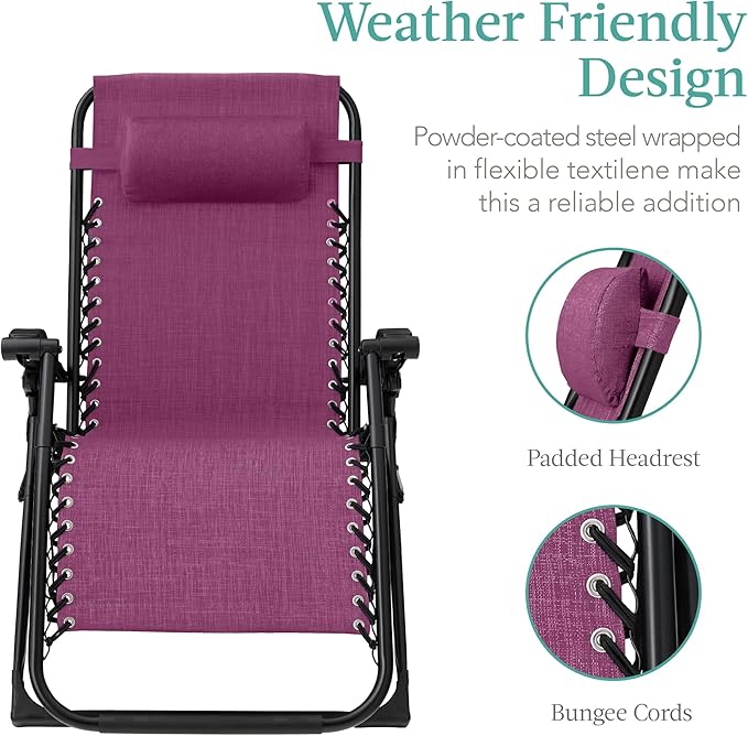 Recliner Chair, Extra-Wide Folding Zero Gravity Patio Lounger, Purple
