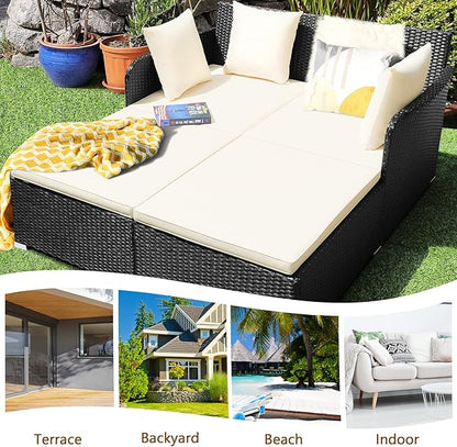 HAPPYGRILL Outdoor Daybed Rattan Wicker Patio Daybed with Padded Cushions Pillows and Sturdy Aluminum Foot, Patio Sofa Furniture Set for Garden Porch Poolside