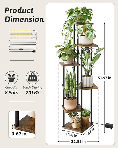 Corner Plant Stand Indoor 6 tiered plant shelf for Multiple Plants tall plant holder plant table metal shelving for Living Room Bedroom Balcony Patio Brown Oak with Light
