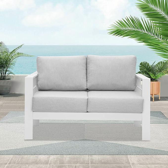 Wisteria Lane Patio Furniture Aluminum Loveseat, All-Weather Outdoor 2 Seats Sofa Couch, White Metal Chair with Light Grey Cushions