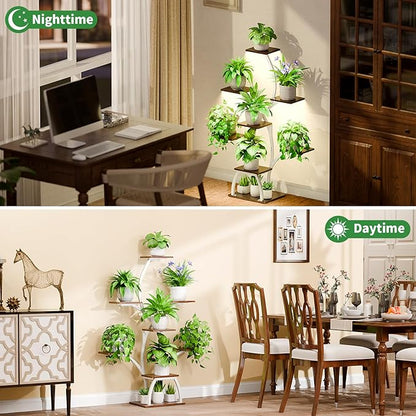 Plant Stand Indoor with Grow Lights, 6 Tiered Plant Shelf Indoor, 50" Corner Plant Stands for Indoor Plants, Lighted Tree-Shaped Plant Holder, Tall Flower Display Rack for Living Room, Patio（White)