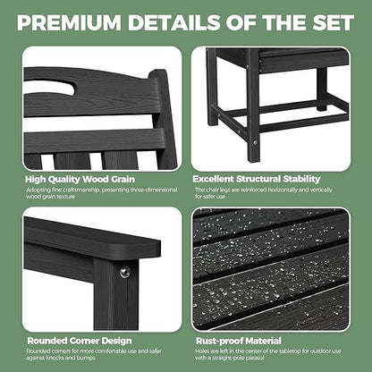 HDPE Outdoor Patio Dining Set with Table & 4 Chairs, All-Weather 5-Piece Outdoor Table and Chairs, 2" Umbrella Hole, Patio Furniture for Garden, Backyard, Deck | Matte Black