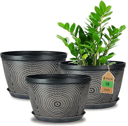 Quarut 10 Inch Flower Pots for Outdoor Indoor, 3 Pack Plastic Plant Pots with Drainage Hole & Tray, Modern Decorative Garden Pot with Saucer, planters for House (Brown)