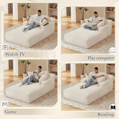 80 Inch Chaise Lounge Chair Indoor, Oversized Corduroy Upholstered Boneless Sofa Bed, Deep Seat Sleeper Couch Reading Chairs, Cloud Sofas Couches for Living Room, No Assembly Required (Beige)